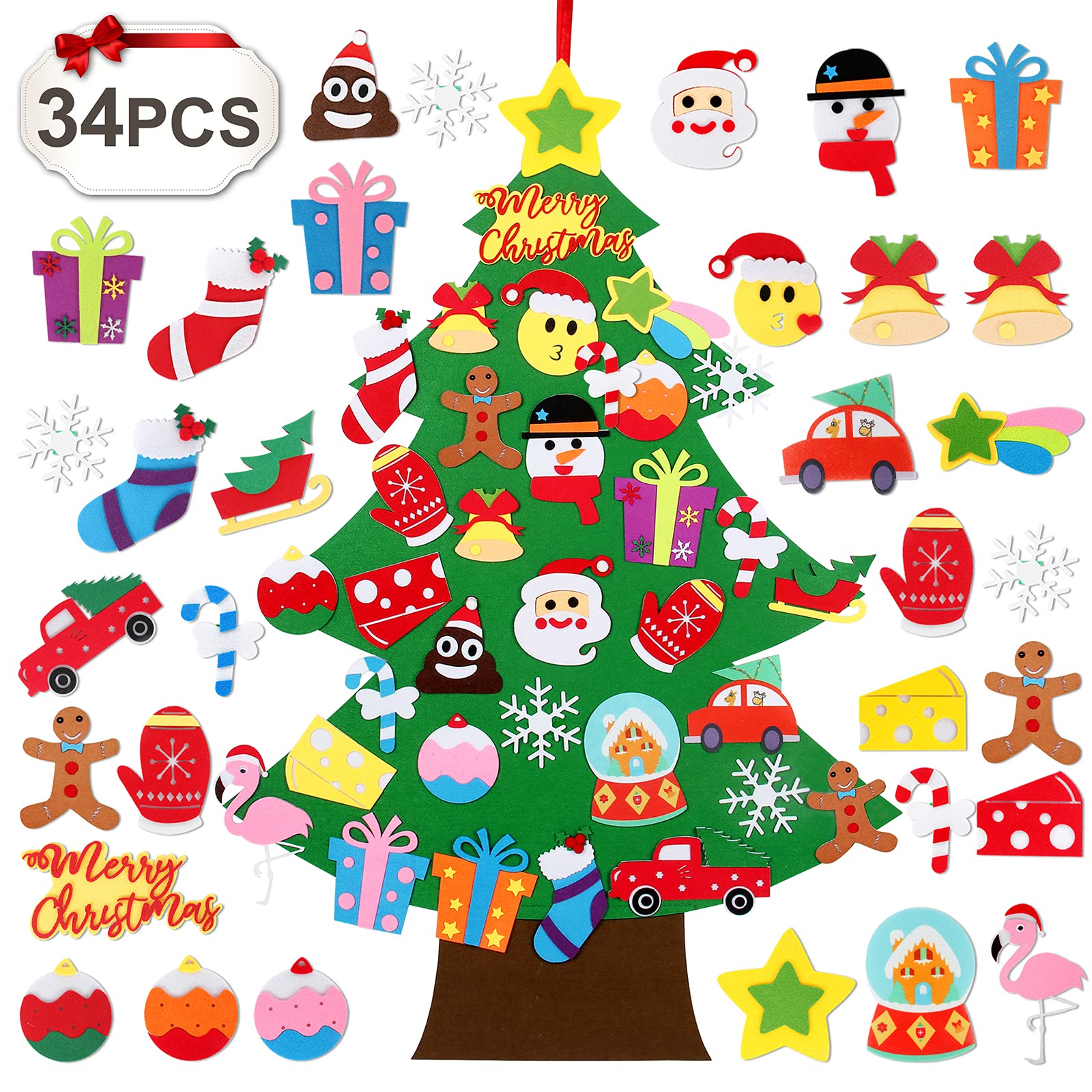 QIFU Felt Christmas Tree for Kids, 3ft Wall Christmas Tree for Toddlers with 34 Pcs Removable Ornaments, Wall Decor Xmas Trees Gifts for Kids Toddlers Home Door Window Perfect Christmas Decoration