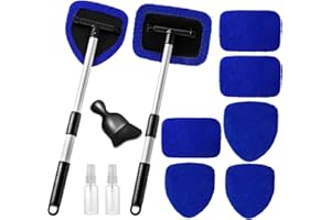 Qydipclin 11pcs Windshield Cleaner Tool, Car Window Cleaning Wash Kit with 6 Reusable Microfiber Pads 2 Spray Bottles and Extendable Handles Auto Glass Wiper Kit, Blue