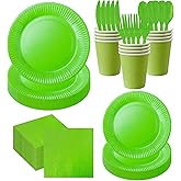 Sveikie 210pcs Paper Plates Disposable Tableware Party Supplies -Plastic silverware, paper cups and plates Serves 30 (grass green)