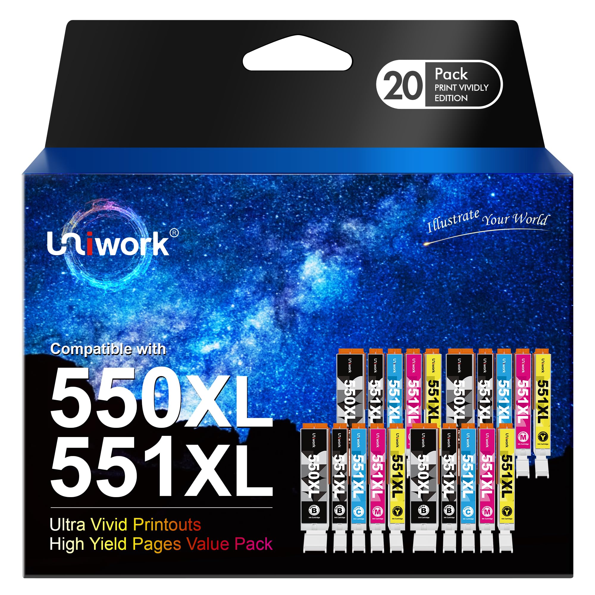 Uniwork 550XL 551XL Compatible Ink Cartridge Replacement for Canon PGI 550XL CLI 551XL Pixma iP7250 MG5650 MX925 iX6850 MG5550 MG5450 MG6650 MX920 MG5400 MG6450(PGBK Black Cyan Magenta Yellow,20-Pack)