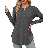 XIEERDUO Womens Long Sleeve Round Neck Shirts Side Split Basic Loose Tunic Tops Casual 2025
