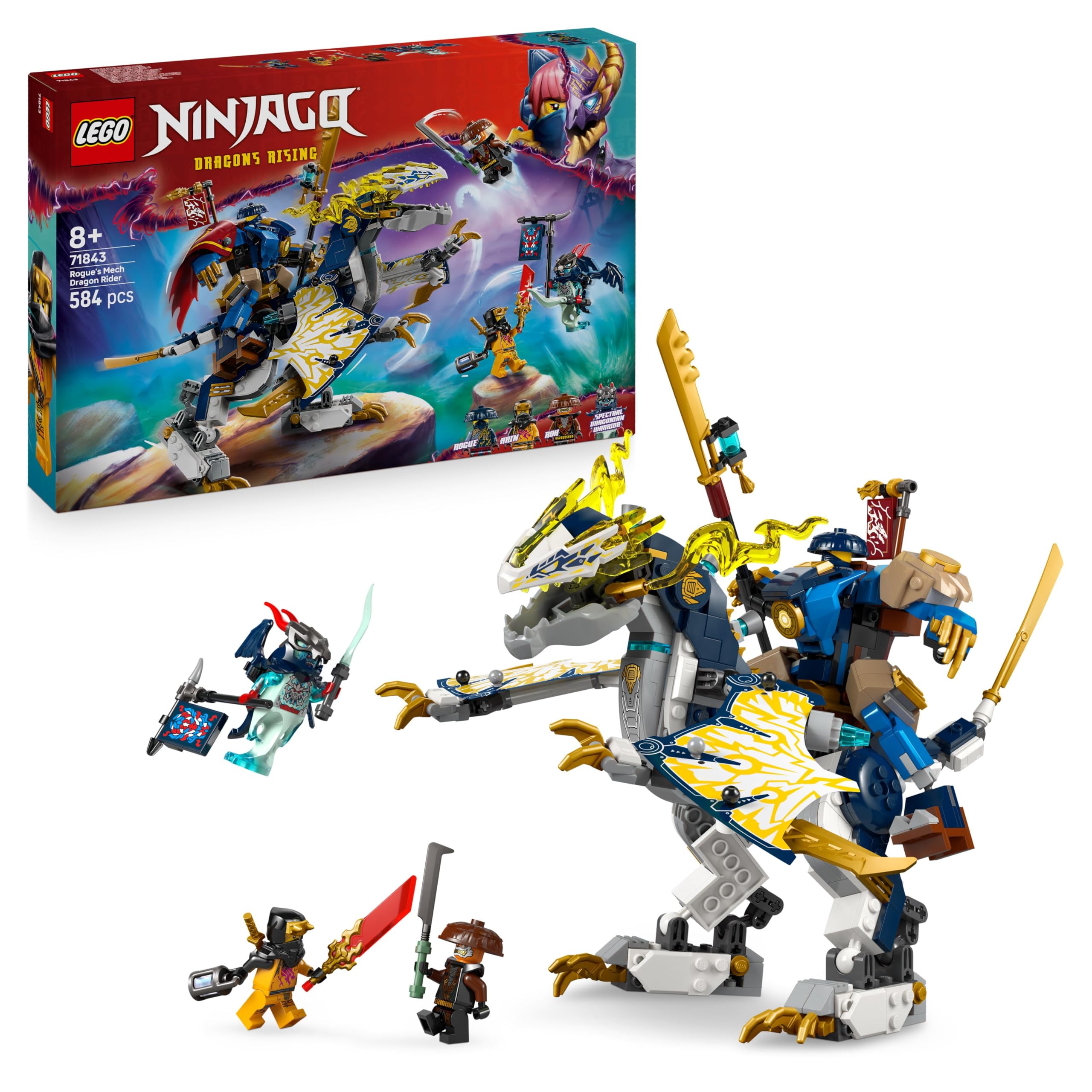 LEGO NINJAGO Mech Cavalca-Drago di Rogue - Set con Drago Giocattolo e Mech - 4 Minifigure tra cui Lloyd e Arin e Spada Rivelatrice - Regalo per Bambini da 8 Anni Fan di La Rivolta dei Draghi - 71843