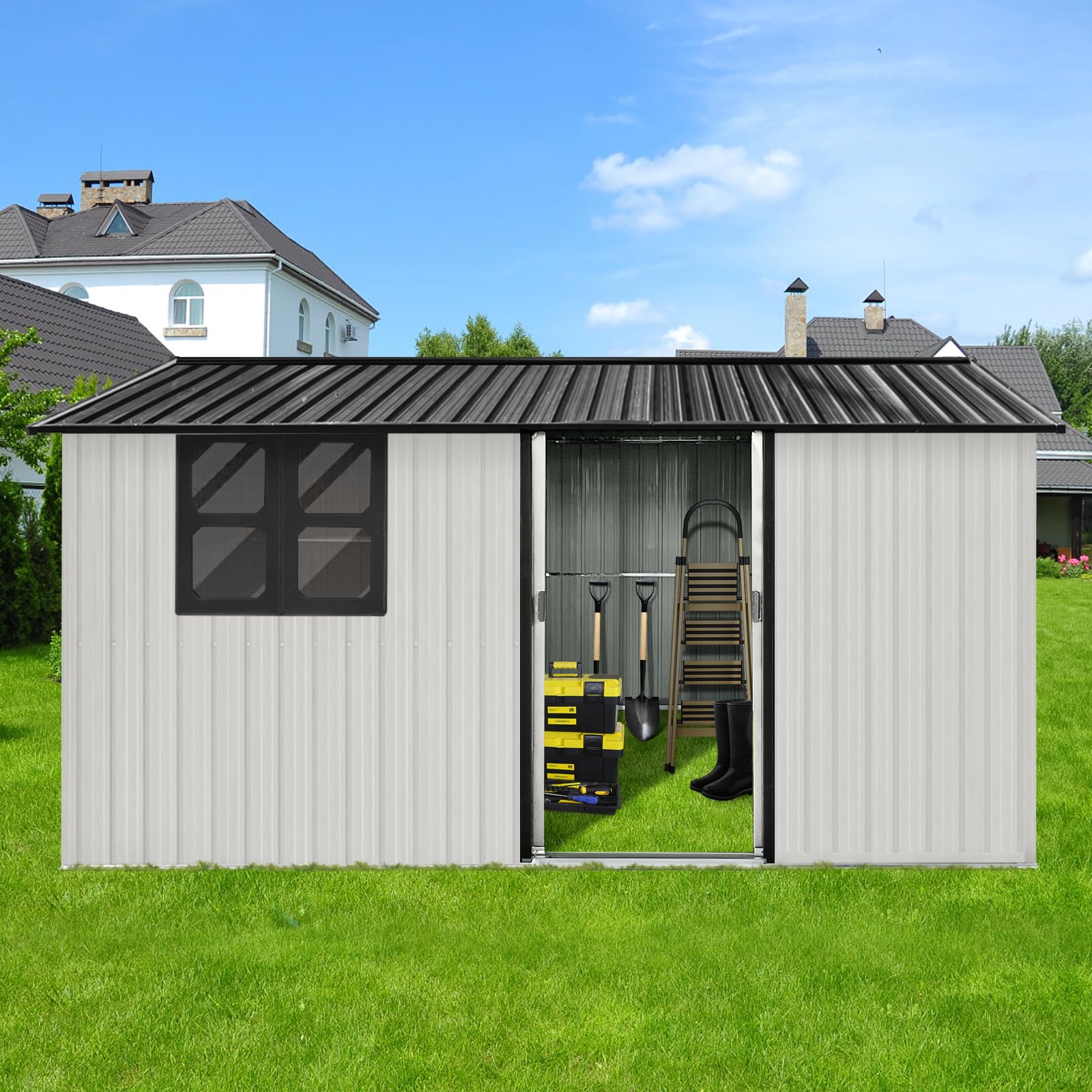 Photo 1 of 12X10FT Outdoor Storage Shed, Large Galvanized Steel Metal Garden Shed with Window, Lockable Sliding Door,Tools Sheds for Backyard, Patio, Lawn(Without Metal Floor) (White)