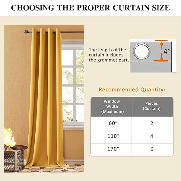 YELLOW OCHRE ROOM DARKENING CURTAINS THERMAL INSULATED DRAPES SOLID WINDOW TREATMENT SET GROMMET TOP LIGHT BLOCKING BLACKOUT CURTAIN FOR LIVING ROOM/BEDROOM (2 PANELS,W52 X L96 INCH,YELLOW OCHRE)