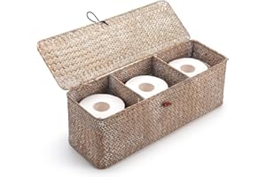 DECRAFTS Whitewash Seagrass Tank Basket with Lid Woven Toilet Roll Storage Basket with Sections Rectangular for Organize Snack Toys (Large Compartment 16.5inch L x 5.5inch W x 5.5inch H)
