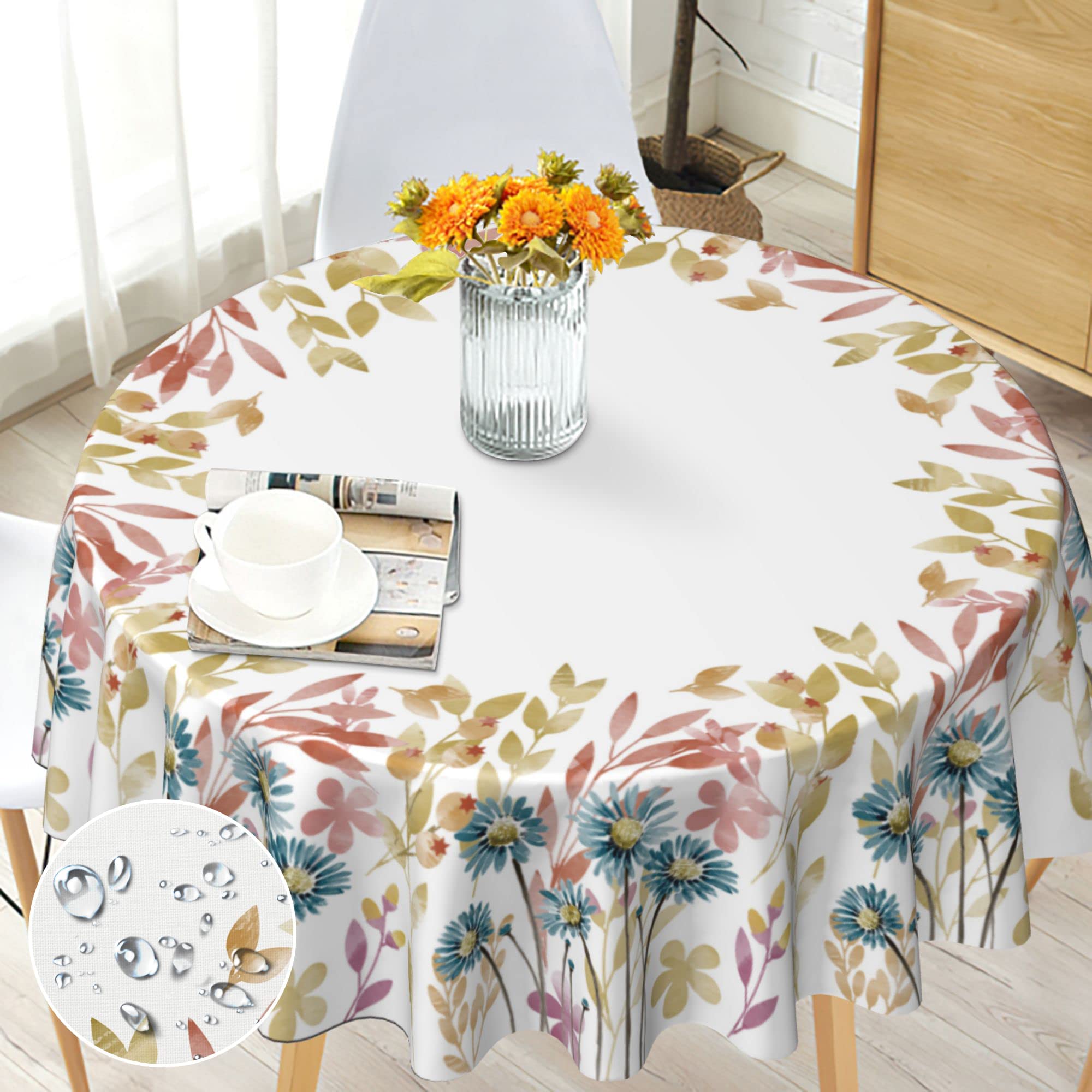 Bold And Brash Round Tablecloth Wipe Clean 150cm - Spring Floral Leaf Pattern - Wipeable Circular Table Cloth Waterproof Polyester Table Cover for 4-6 Seater Dining Kitchen Patio Garden Party Outdoor