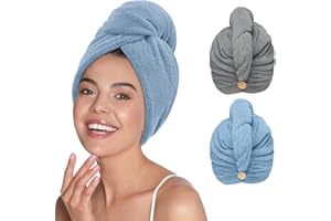 YFONG 2 Pack Microfiber Hair Towel Wrap for Women Curly Long Hair, Super Absorbent Hair Plopping Towel Curly for Wet Hair, Stocking Stuffers for Women(Gray, Blue)