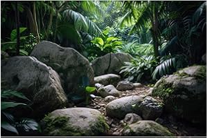 RIIVVDISE Reptile Habitat Backdrop Lush Tropical Plants and Rocks Terrarium Backdrop Dense Vegetation with Large Broad Leaves and Ferns Fish Tank Background Aquarium Wallpaper Poster Decor Vinyl 72x24in