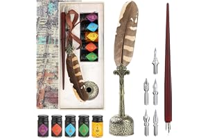 GC QUILL Feather Quill Calligraphy Pen & Wooden Dip Pen and Ink Set, Includes 7 Nibs, 5 Ink Bottles, Pen Holder – Antique Writing Gift Set for Beginners, Artists, and Students - MU-22