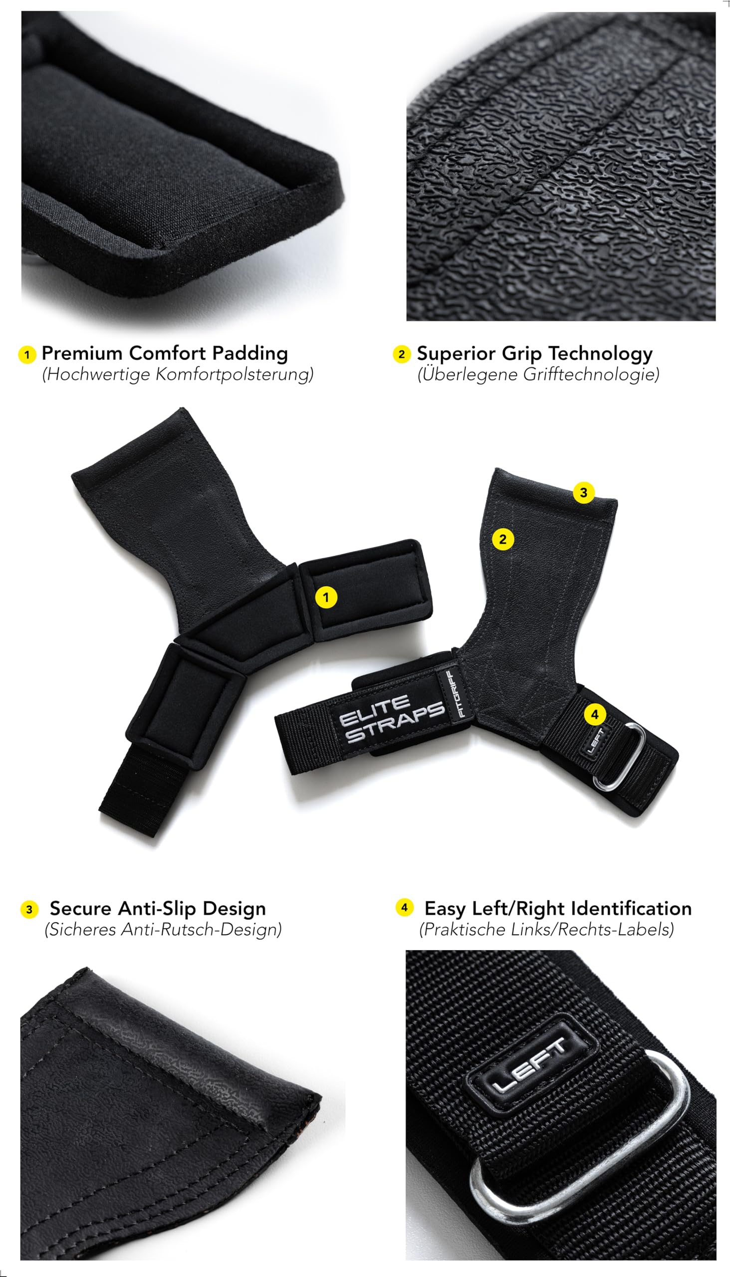 Fitgriff® Elite Straps 2.0 - Zughilfen mit Gummi-Pad für Krafttraining - Bodybuilding, Fitness, Gym - Lifting Straps - für Frauen und Männer (Schwarz, XS) 3