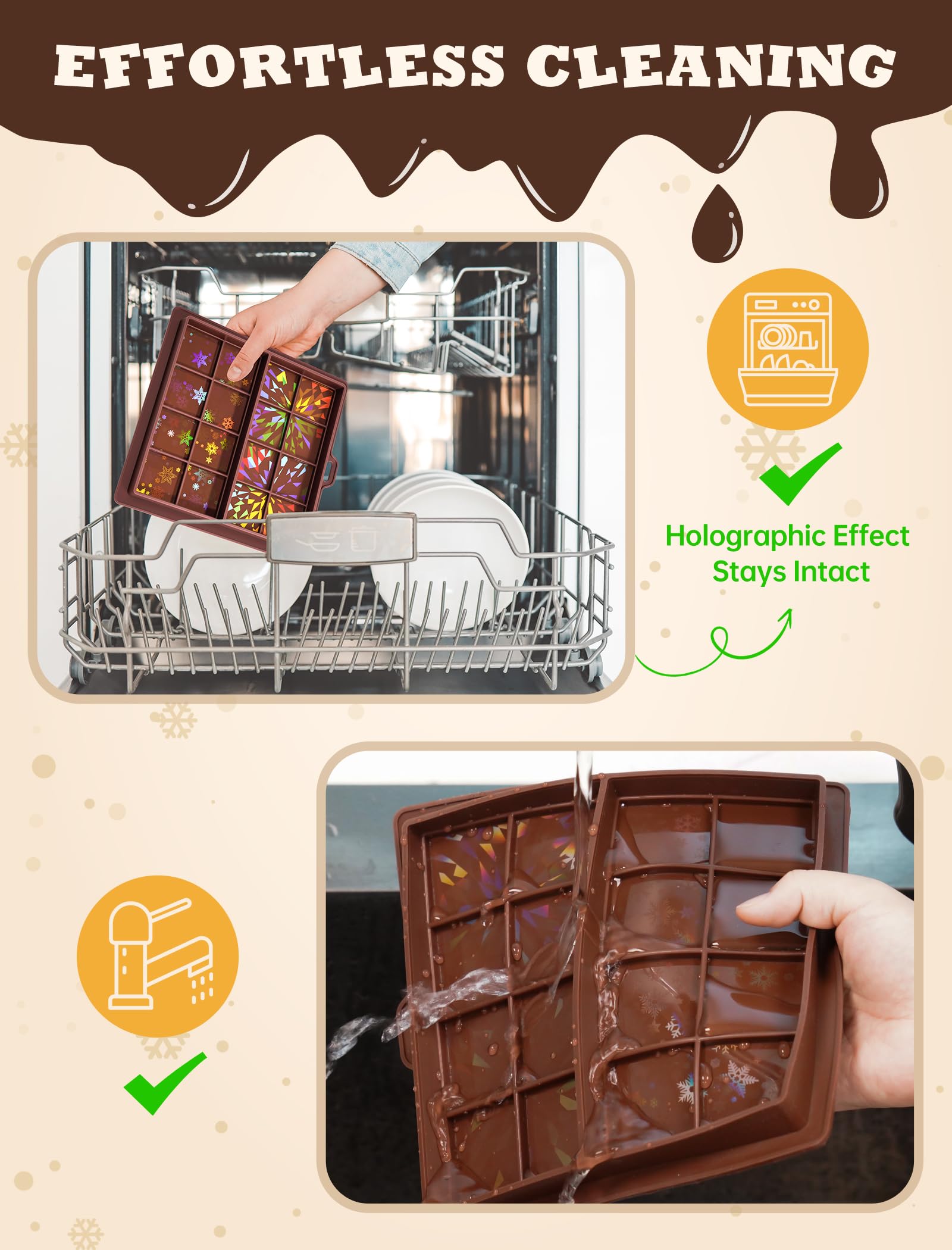 NiHome 0.67 Inch Holographic Dubai Chocolate Molds, Silicone Chocolate Bar Mold for Black Chocolate, Dishwasher Safe & Wall Hanging, Christmas Valentine Gift (Snowflake and Firework Patterns)
