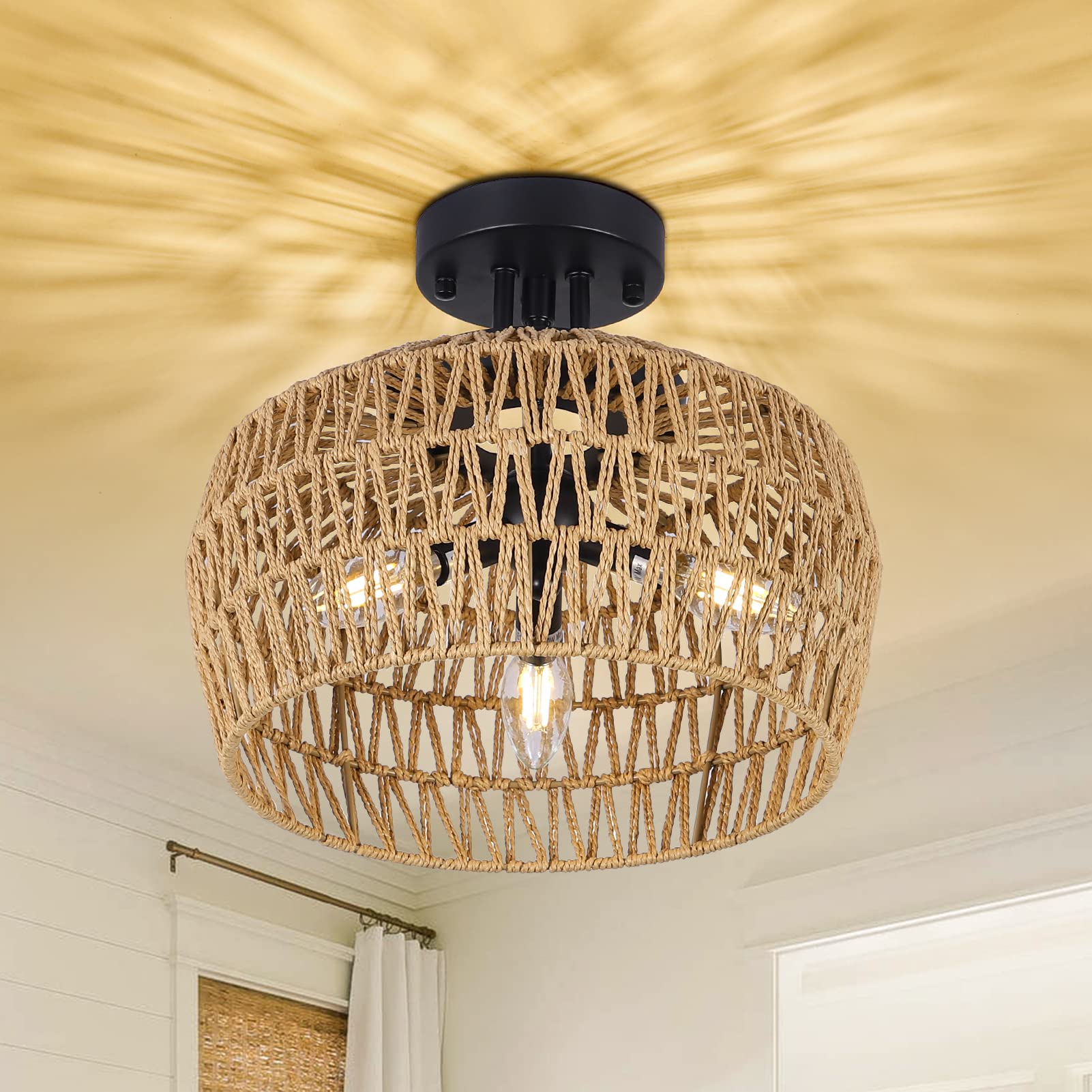 Photo 1 of HMVPL Semi Flush Mount Ceiling Light, Rattan Light Fixture Ceiling Mount with Handmade Wicker Lampshade, 3-Lights Boho Chandelier, Woven Close to Ceiling Light for Bedroom Hallway Living Room Kitchen