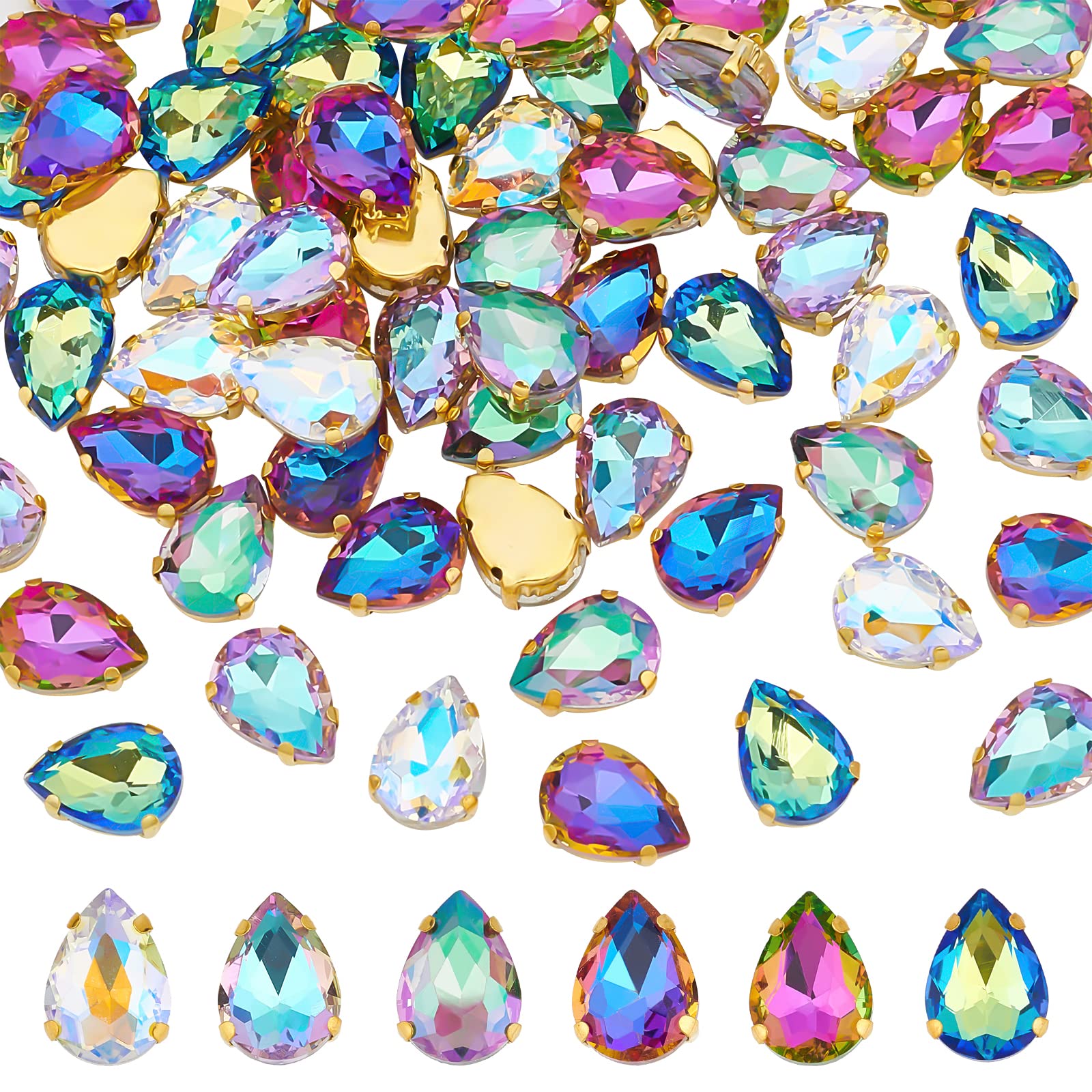 DICOSMETIC 72Pcs Colorful Sew Gems 6 Colors Faceted Crystal Sew Beads Flatback Teardrop Claw Flatback Gemstones for DIY Jewellry Making, Hole: 1mms