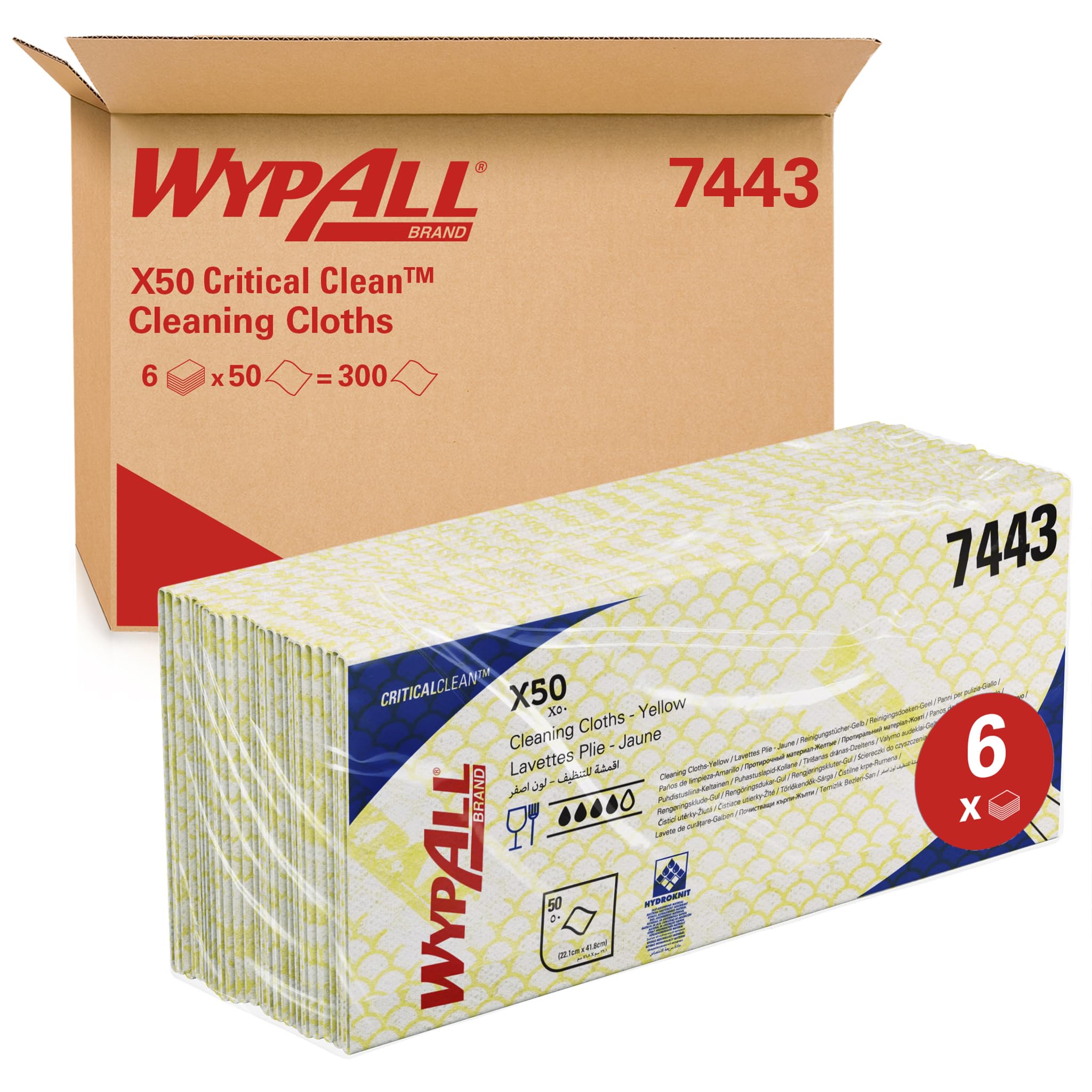 WypAll Cleaning Cloths 7443, Yellow Colour Coded Wipes, Food Preparation, 1 Ply – Durable and Absorbent , Disinfecting Cloths, Lightweight Design – 6 Packs x 50 (300 Total)