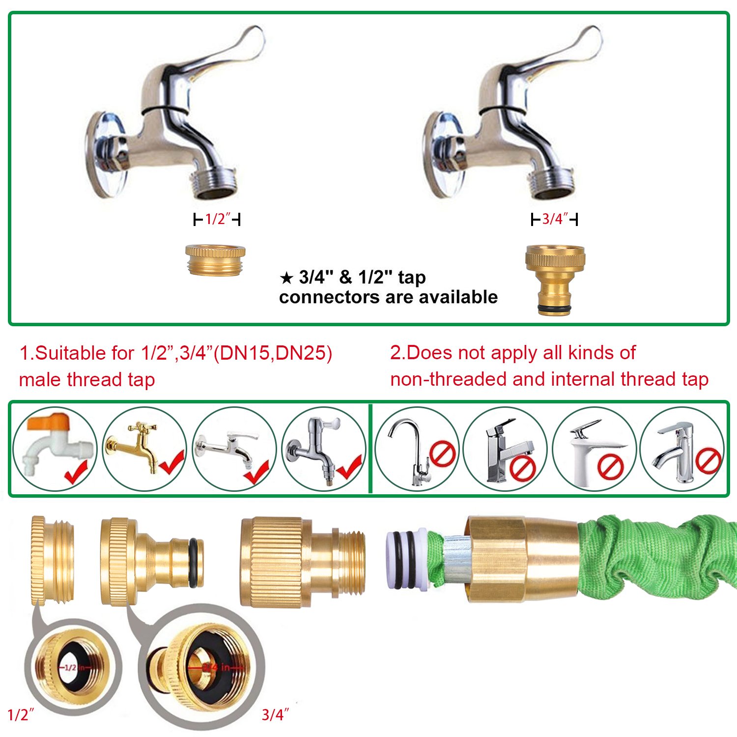 Homeme Tuyau d\'arrosage - 100 Feet Extensible Tuyau d\'arrosage Flexible Tuyau d\'eau, Raccords de Tuyauterie en Laiton Massif et Pistolet de Pulvérisation à 7 Modes de Buses - Vert