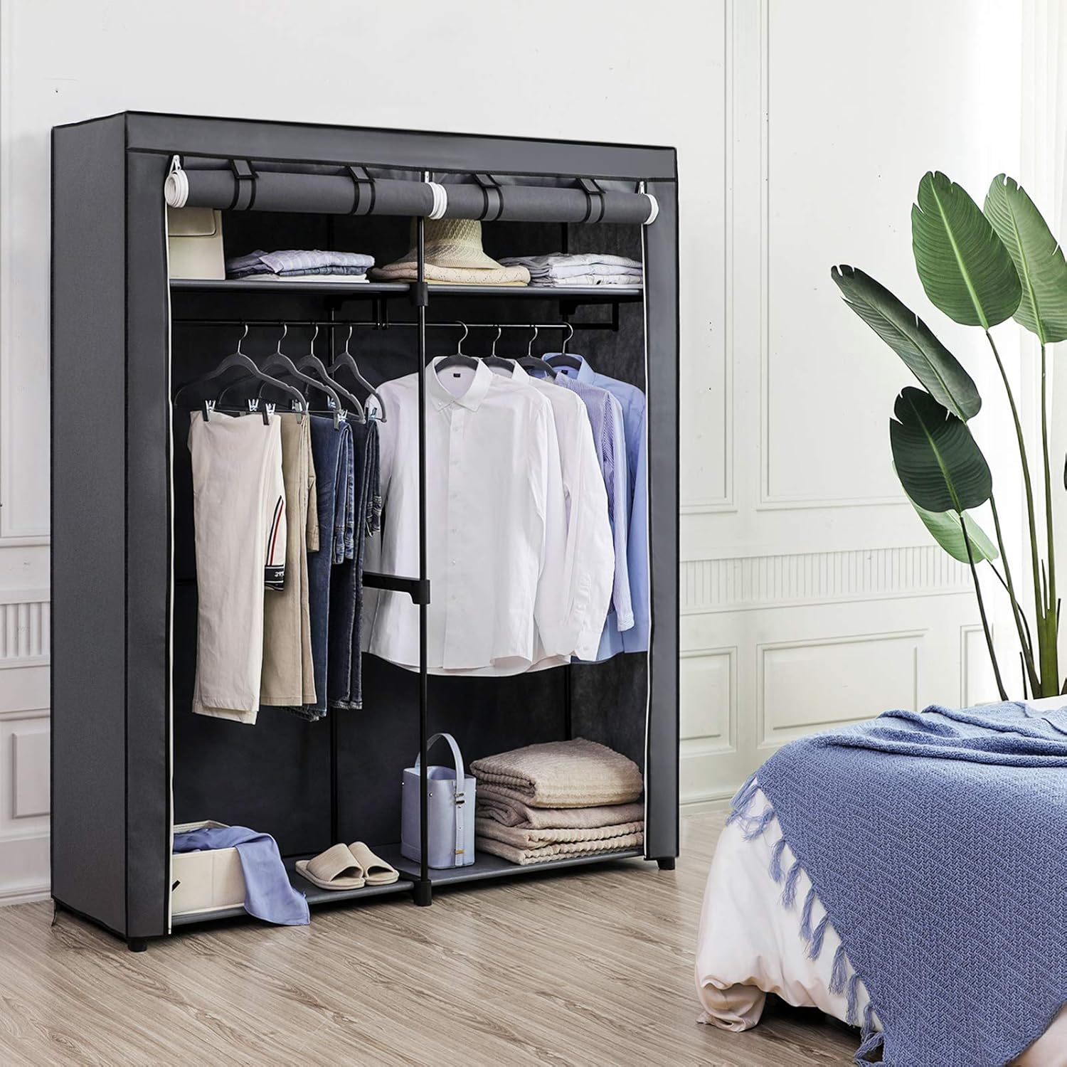 SONGMICS Clothes Wardrobe, Portable Fabric Wardrobe with 2 Hanging Rails - Image 3
