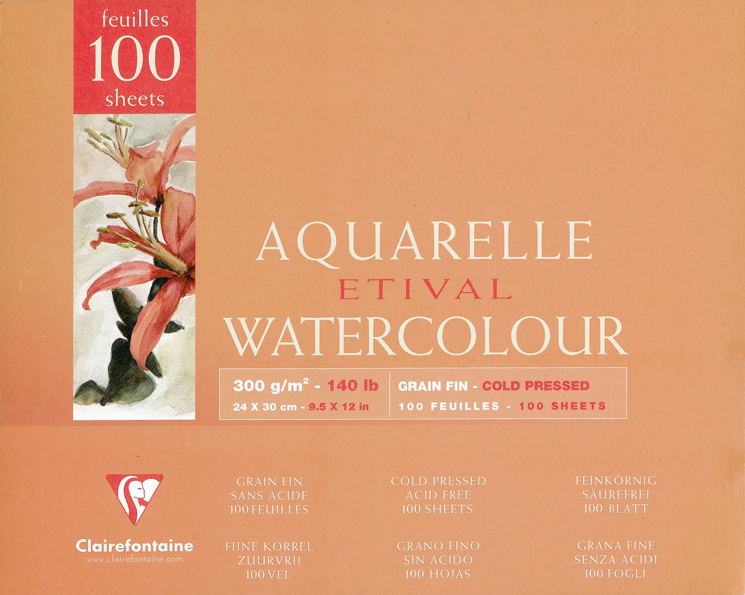 Clairefontaine - Ref 96475C - Etival Cold Pressed Glued Watercolour Painting & Drawing Pad (10 Sheets of Paper) - 24 x 30cm - 300gsm Cellulose Art Paper