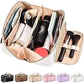 stona Travel Makeup Bag for Women, Large Capacity PU Leather Waterproof Checkered Cosmetic Bags, Portable Pouch Open Flat Toiletry Bag, Make up Organizer with Divider and Handle, White