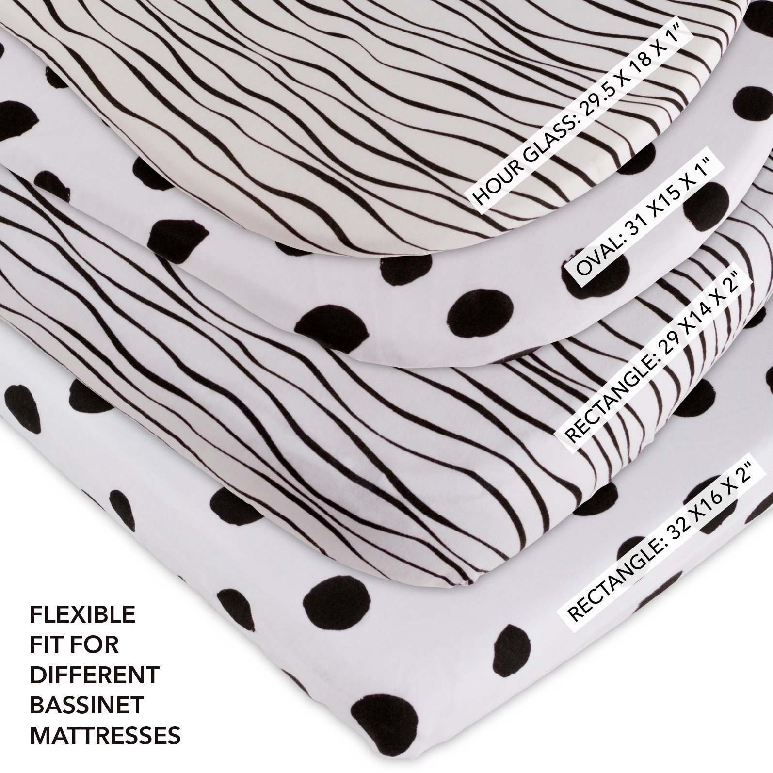 Bassinet Sheet Set 2 Pack 100% Jersey Cotton Black and White Abstract Stripes and Dots by Ely's & Co