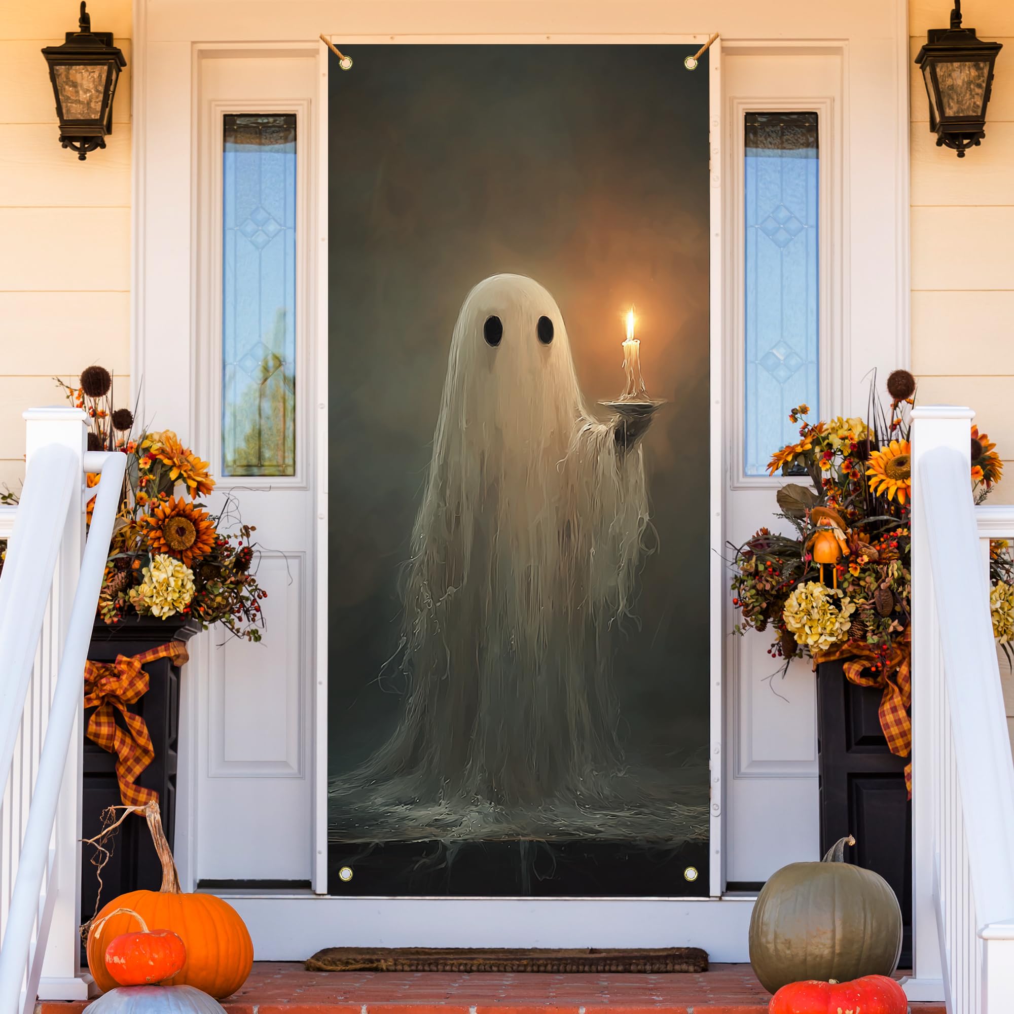 Photo 1 of MKIJUHB Halloween Ghost Door Cover, Dark Academia Gothic Ghost Candle Decoration Doorway Door Curtains Banners Backdrop Background Decor for Halloween Party, Indoor Outdoor Decorations, 35 * 79 Inch