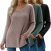 Oakgarden 3 Pack Women's Long Sleeve Oversize Tops, V Neck Ribbed Sweaters Knitted Side Slits Tees Casual Pullover Shirts