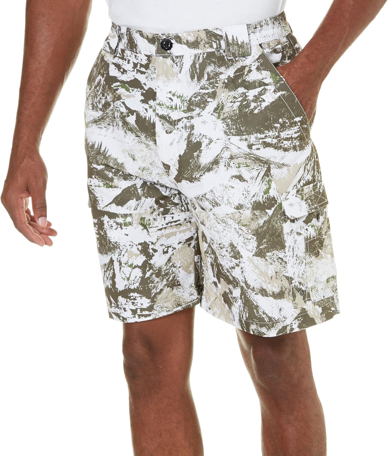 Reel Legends Mens Mountain Camo Bonefish Shorts Medium White/green