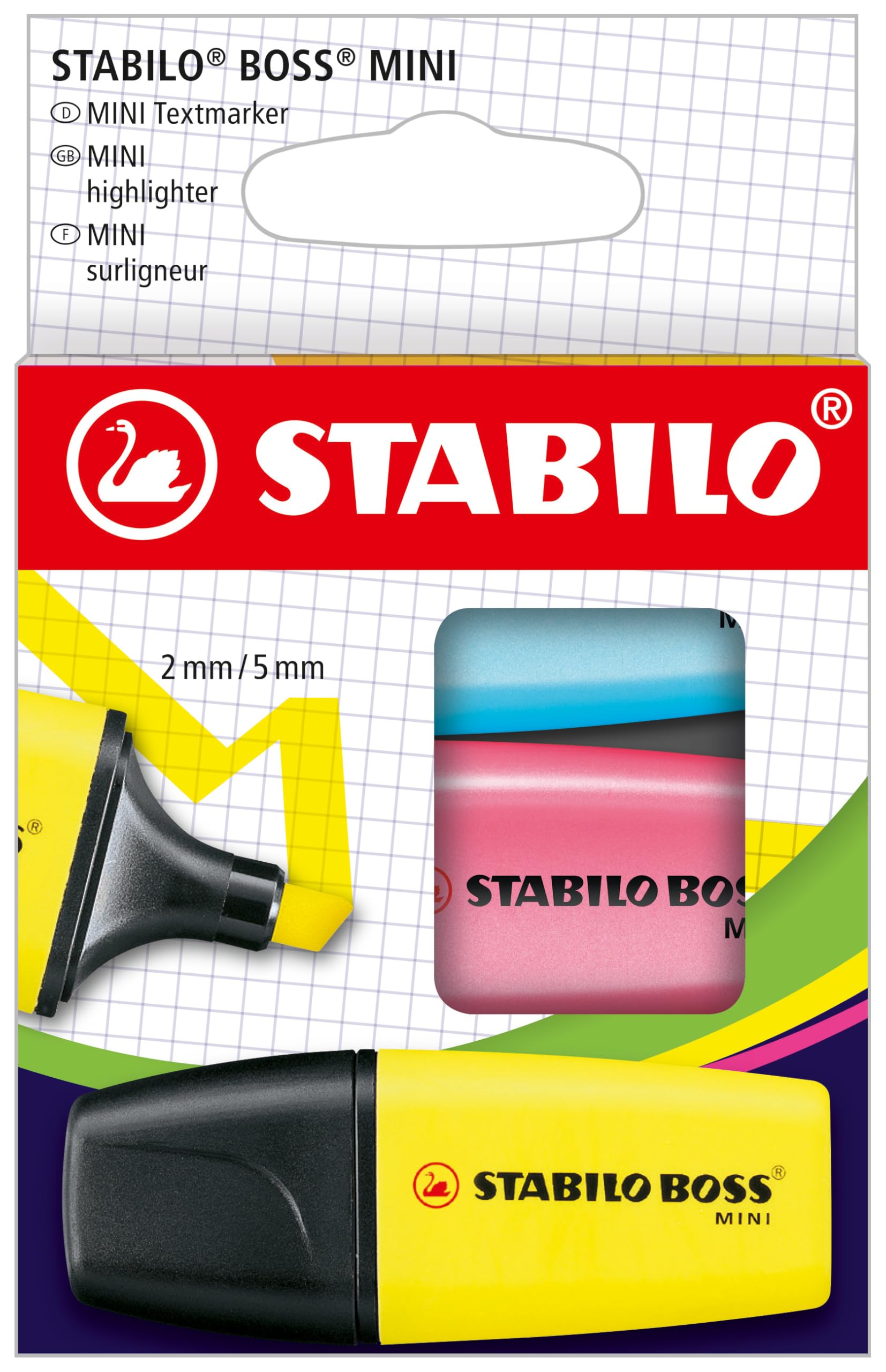STABILO BOSS MINI - Highlighter - Pack of 3 - Yellow, Blue, Pink