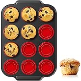 KH866 Silicone Muffin Pan with Metal Frame Nonstick 12 Cup Regular Size Cupcake Tin Bakeware Easy to Pop Egg Bite Molds Oven and Dishwasher Safe Pan Maker Tins Red Cups Non Toxic Baking Cup