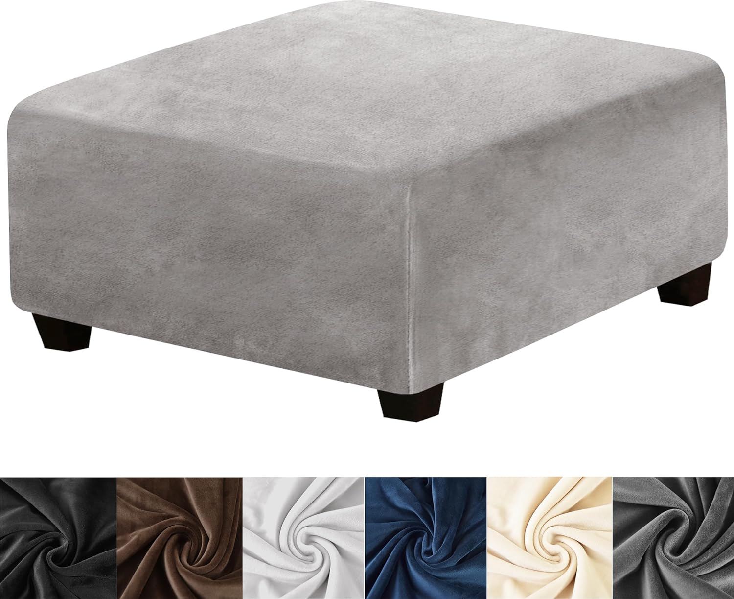Slipcovers - HFCNMY Ottoman Cover Square,Stretch Velvet Square Ottoman Cover Thick Ottoman Slipcover Square Washable Storage Ottoman Cover Foot Stool Cover with Elastic Bottom for Living Room Light Gray Large