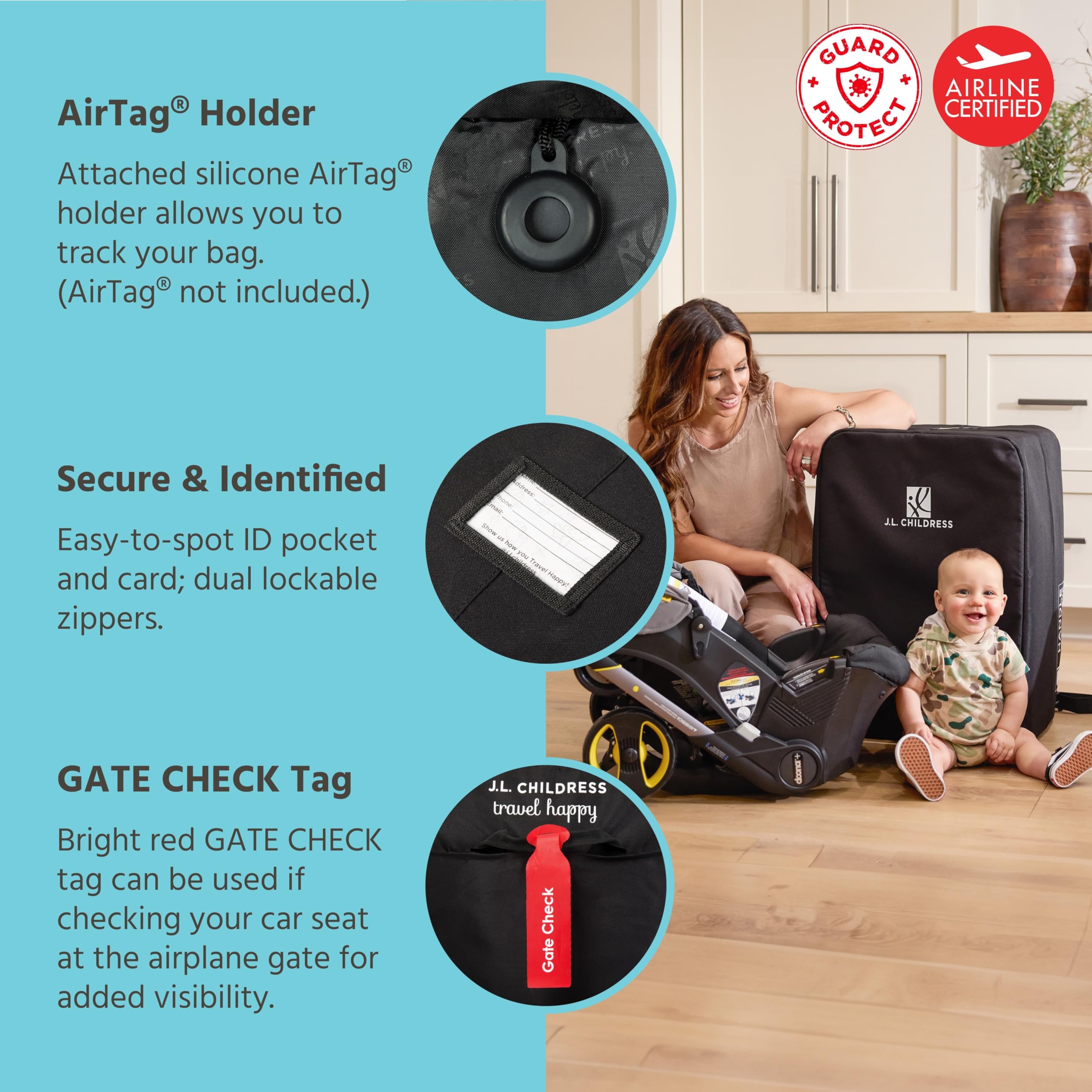 J.L. Childress Padded Travel Bag for Doona - Travel Bag for Airplane, Fits Most Infant Car Seats, Airport Accessories for Gate or Baggage Check, AirTag Compatible – Elite, Black