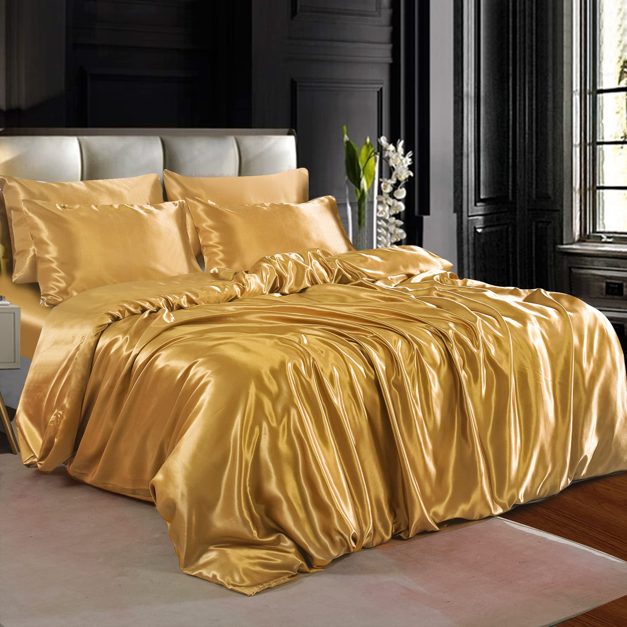 ZIMEL HOMES 6 piece-Satin Duvet Set Soft bedding shiny silky sets cover, Fitted sheet set, 4 pillow cases, complete bed set-Double, King, Super king (Dull-Gold, Double), (ZH-SATIN) — image 1