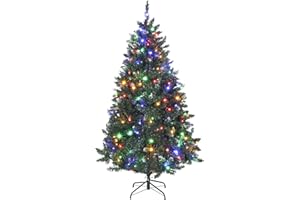HOMCOM 6 ft Prelit Frosted Christmas Tree, Full Spruce Holiday Decor with Dual Colour LED Light, Dense Branches, 9 Light Mode