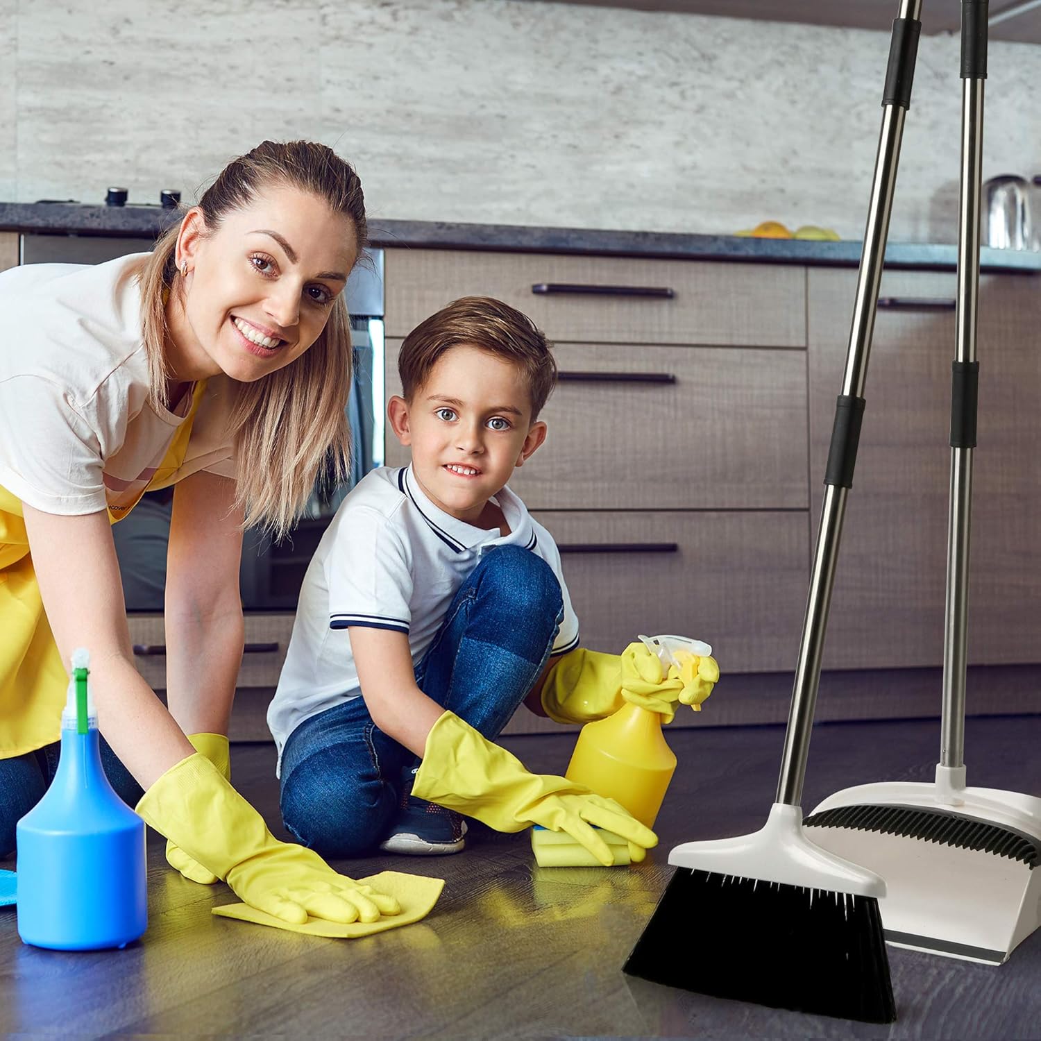 Broom and Dustpan Set - Premium Long Handled Broom Dustpan Combo - Upright Standing Lobby Broom and Dust Pan Brush w/ Handle - Great Edge, Lightweight and Robust: Garden & Outdoor