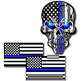 3 Pack Car Decals Stickers Reflective US Flag with Thin Blue Line and Skull, Honoring Police Law Enforcement Vinyl Stickers Van Trucks Women Men Motorcycle Laptop Decals Skateboard Bike Bumper Window