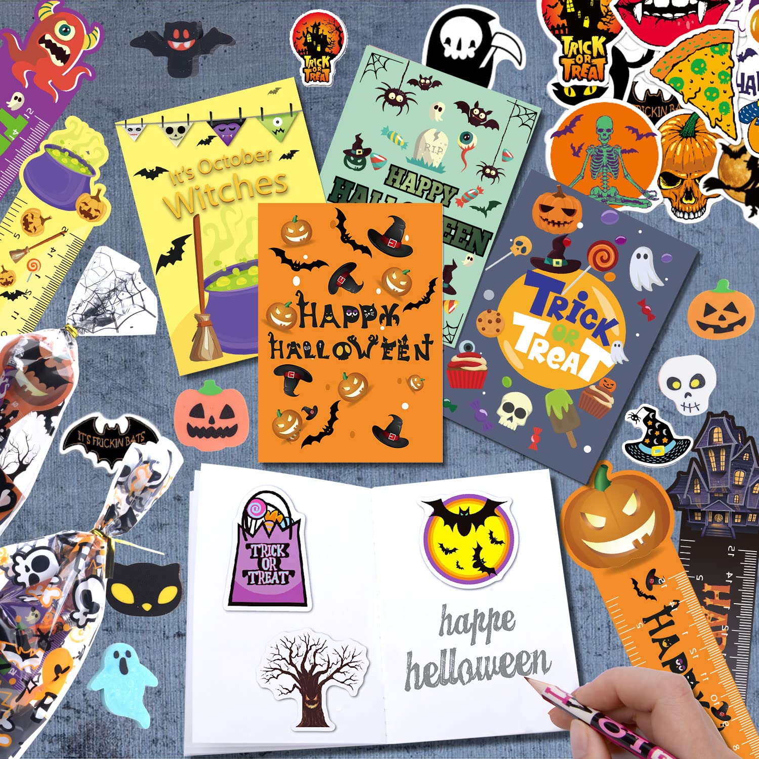 200PCS Halloween Party Favors for Kids Stationery Set, 30 PACK Assorted Halloween Goodie Bag Stuffers, Bulk Halloween Treats Bags for Trick or Treat Pencils Erasers Rulers