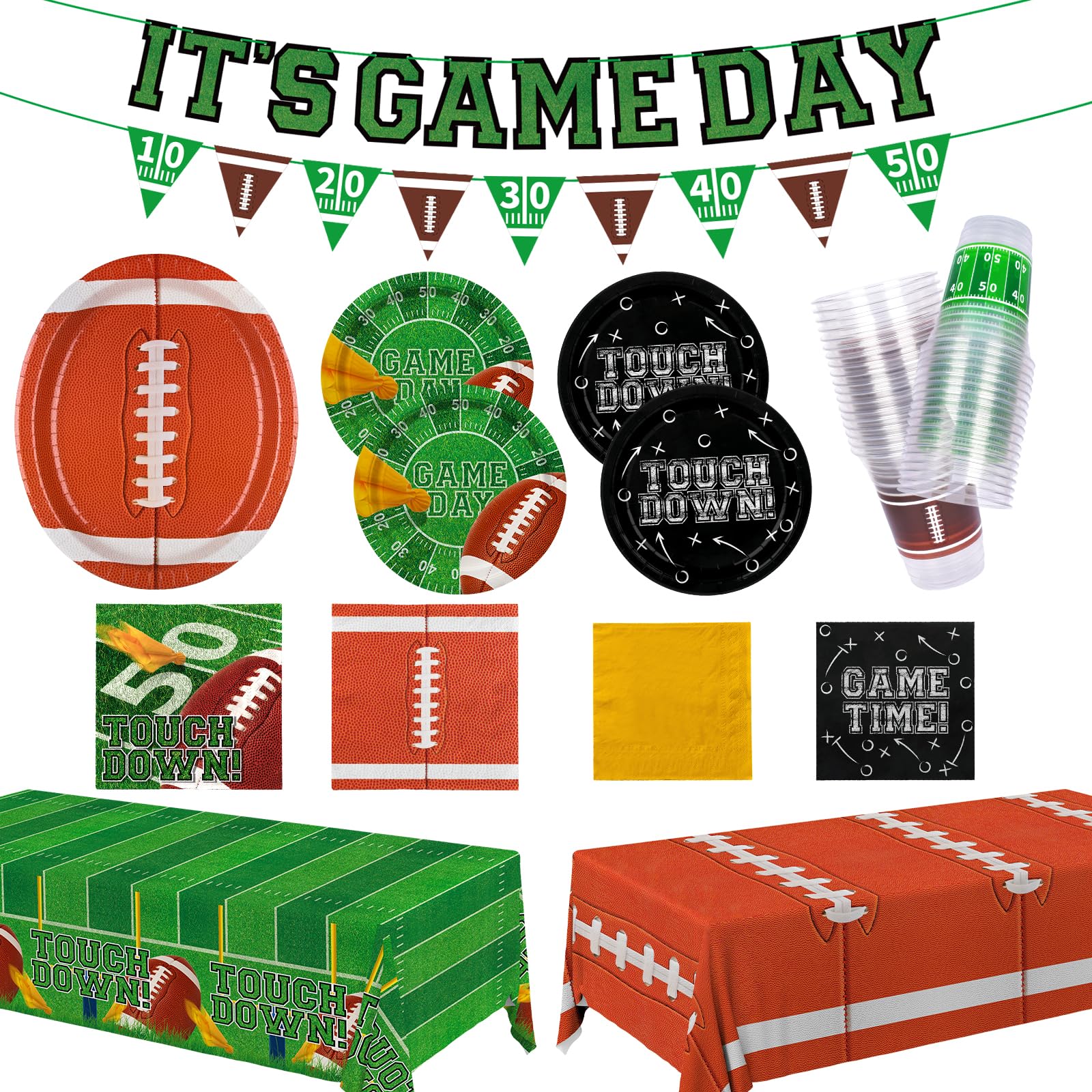 Photo 1 of Gatherfun Football Party Supplies Kit for 24 Guests - Includes Large 12.5in Plates, Dessert Plates, Napkins, Cups, Banner and Touchdown Tablecloth - for Football Tailgate Party Decorations