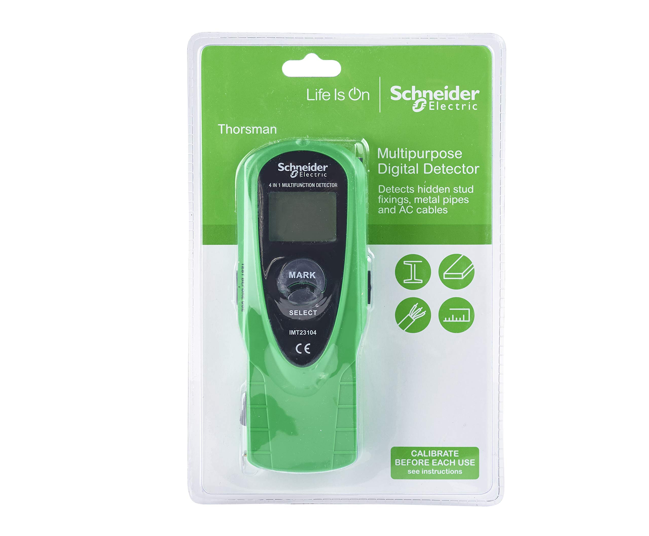 Schneider Electric Thorsman - 4-in-1 Multi Purpose Digital Detector, Stud/Metal/Live AC Wire Detecting, with LCD Display, 60V, IMT23104, Green/Grey