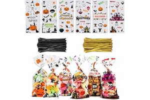 YIYATOO Halloween Treat Bags,120PCS Halloween Cellophane Treat Bags,Halloween Candy Bags with 140Pcs Black and Gold Twist Ties,Trick or Treat Goodie Bags for Halloween Party Supply-10.6 * 5.1 inch