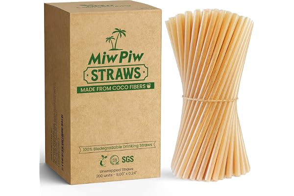 Biodegradable Coconut Straws - 200 Pieces Disposable, Plastic Free, Ecofriendly Coco Fiber Drinking Straws Bulk for Cold and