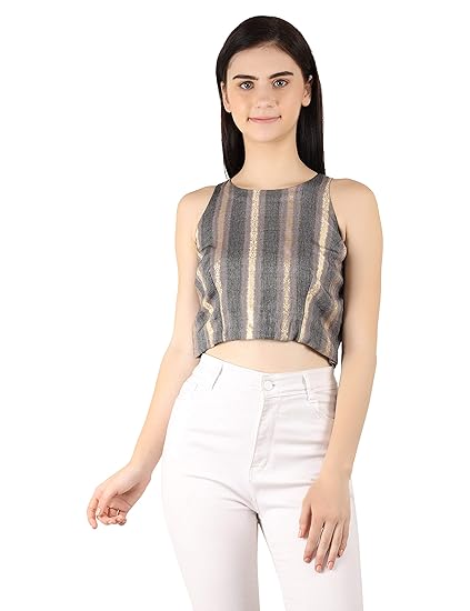 MOH The Eternal Dhaga Foil Rayon Round Neck Striped Sleeveless Grey Casual Women Blouse