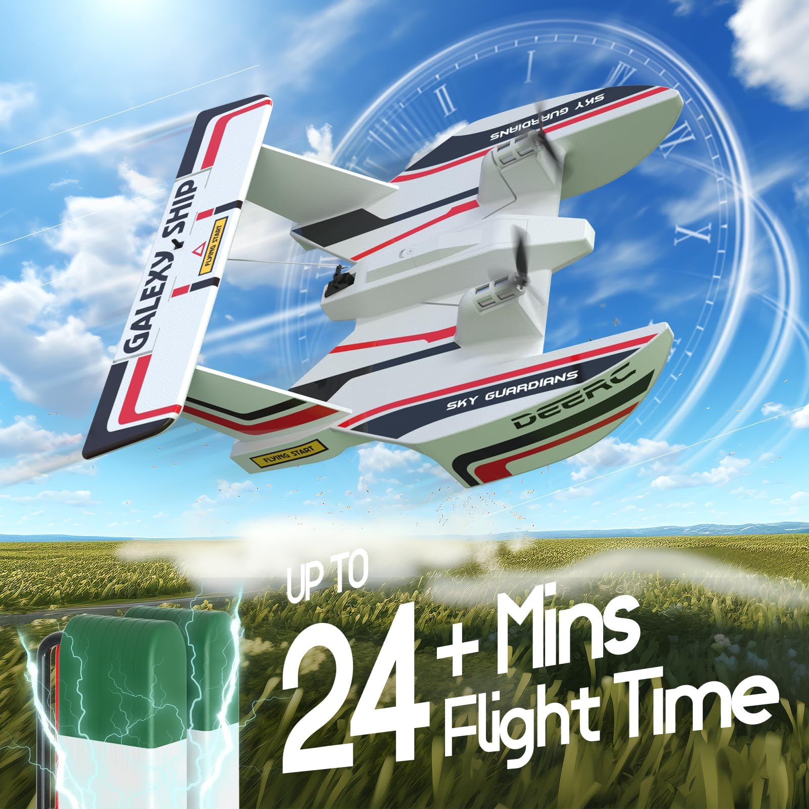 DEERC RC Flugzeug für Wasser Land & Luft, Amphibisches DREI-Phibien-Flugzeug, 3CH Ferngesteuertes Flugzeug mit 2 Batterien, 2.4GHz RTF Segler für Junge Mädchen 5