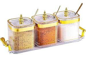 EABOSON 3 Pack Clear Condiment Spice Jars with Lids, Spoons, Tray - Plastic Seasoning Box Set for Salt, Pepper, Sugar - Kitchen Storage