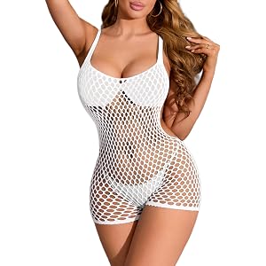 LOLOVANCY Womens Fishnet Bodysuit Shorts Style Sexy Mesh Teddy Lingerie | One Piece Nightwear,Hollow Out Fishnet Dress Romper