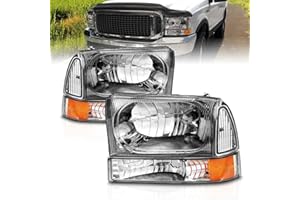 AmeriLite OE Chrome Replacement Headlights 4pcs Set w/Socket Bulb for 1999-04 Ford Excursion/Super Duty F250 F350 F450 F550 Truck - Passenger and Driver Side