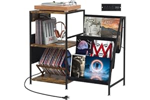 Clikuutory Record Player Stand, Vinyl Record Storage with Power Outlet Holds Up to 200 Albums, Turntable Stand with 3-Tier Vinyl Storage, Record Player Table for Bedroom , Living Room, Rustic Brown