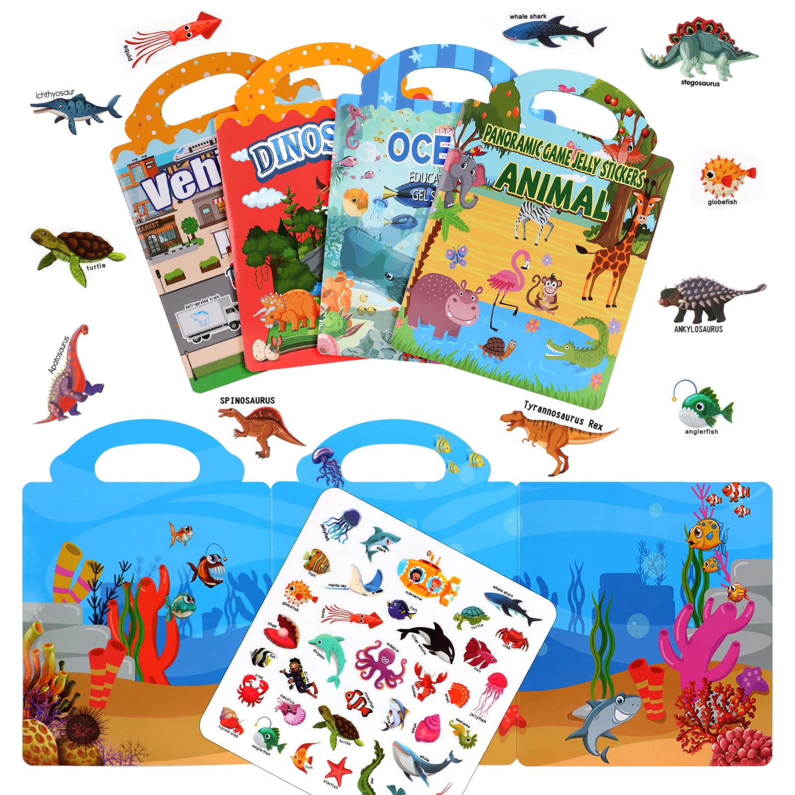 4 Pack Reusable Sticker Book, Sticker Books for 2 year olds for Toddlers Age 2 3 4 Boys Girls Educational Learning Toy with Car Dinosaurs Forest Animals Underwater World Themes 3D Jelly Puffy Stickers