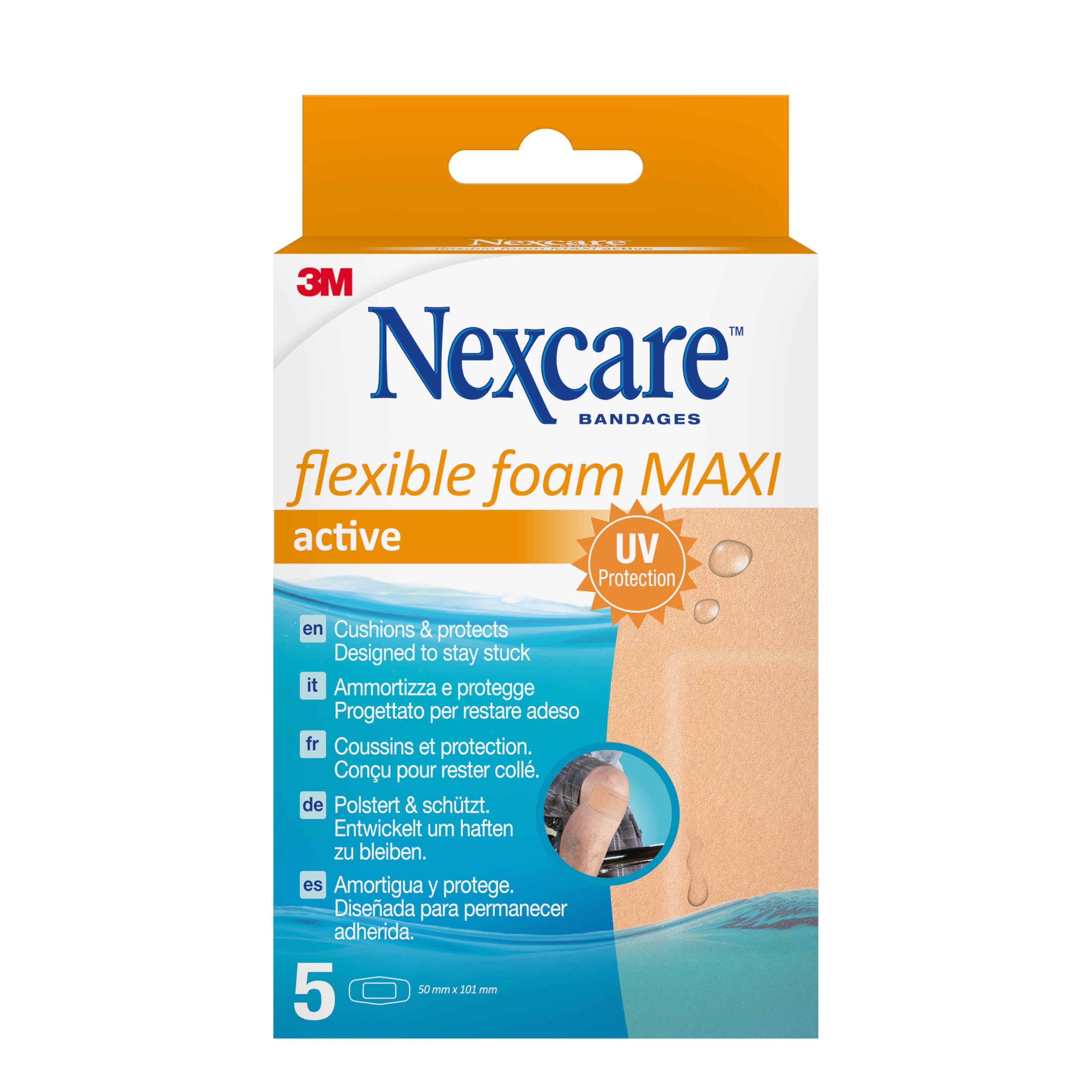 Nexcare Active Flexible Foam MAXI Plasters , 50 mm x 101 mm, 5 Plasters per Pack, Breathable and Waterproof for Minor Wounds, Scratches, Bandages for First Aid Kits