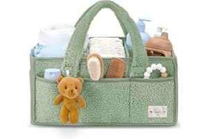 Sweety Fox Baby Diaper Caddy Organizer with Handle - Portable Sherpa Nursery Basket - Car Diaper Organizer, Cleaning Caddy, Gift for Baby Shower - Green