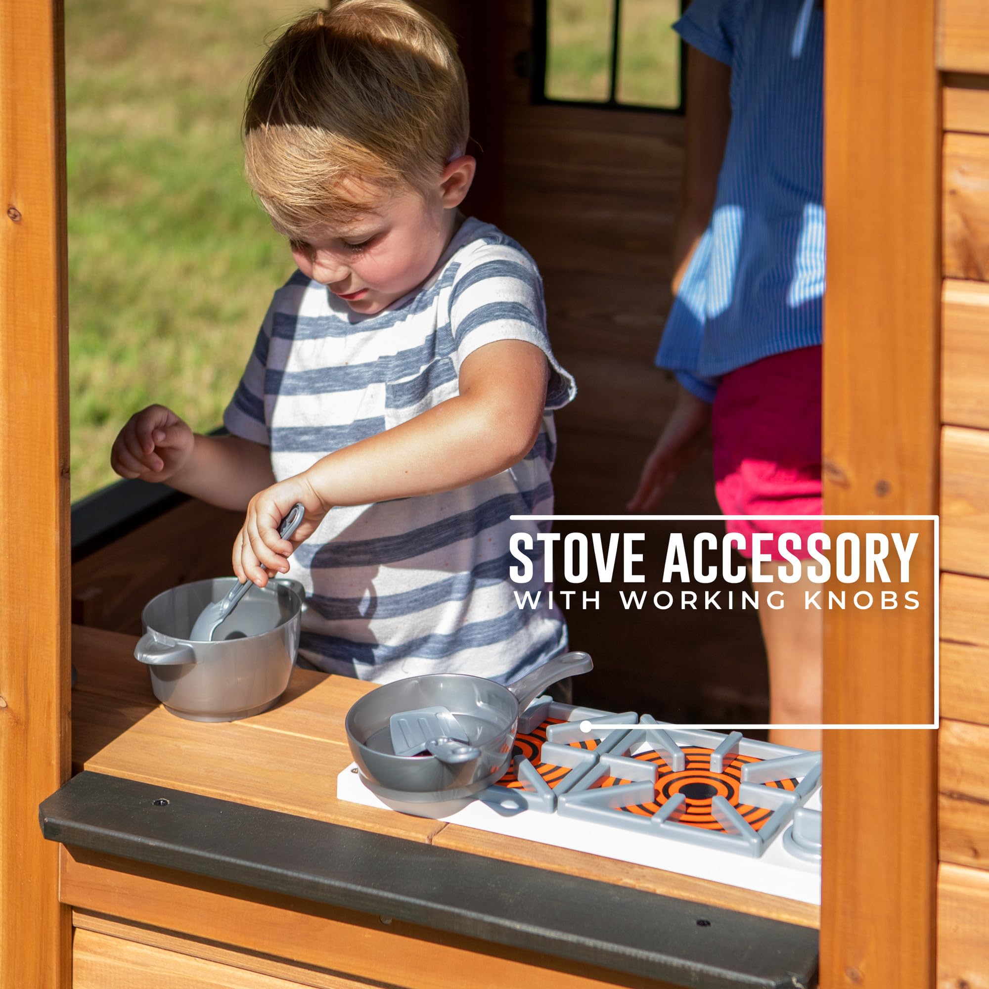 Backyard Discovery Sweetwater Cedar Wooden Kids Playhouse Cottage with Play Kitchen, Snack Bar, Half Door, Toy Phone, Windows, Flowerpot Holders, and Working Doorbell for Outdoor Imaginative Play