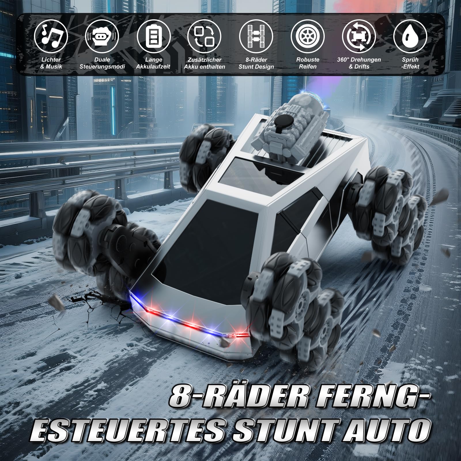 Ferngesteuertes Auto 8 Rad RC Stunt Car, 8WD RC Car, mit Handsteuerung & Fernbedienung, LED Licht Musik Sprühnebel, RC Car für Kinder 5 6 7 8 9 10 11 Jahre, geburtstagsgeschenk für Jungen und Mädchen 2
